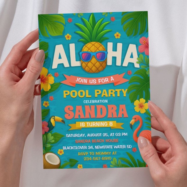 Convite de Aloha para Aniversário do Partido da Pi (Aloha Pool Party Birthday Invitation)