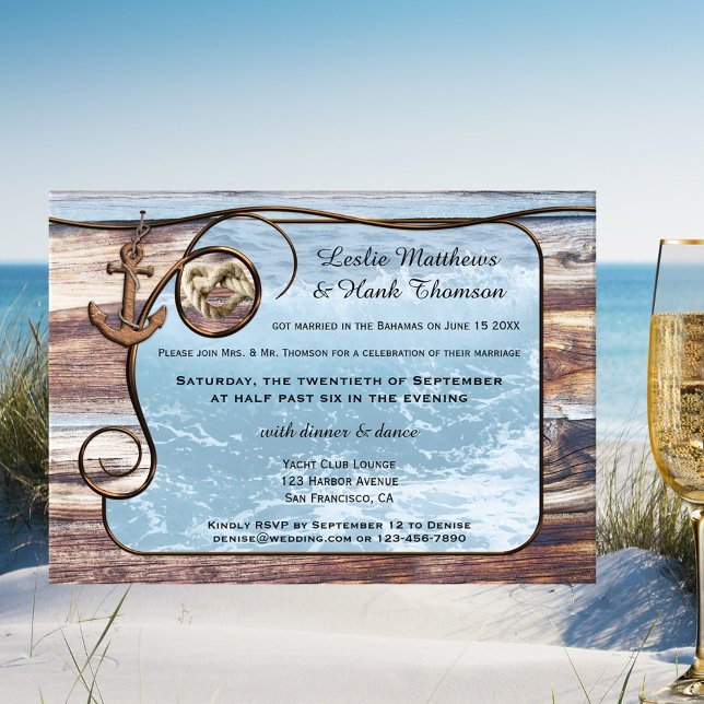Convite de Ancoragem Náutica Pós-Casamento ou Depo (After wedding invitation featuring an ocean framed by rustic wood, an anchor and rope knot)