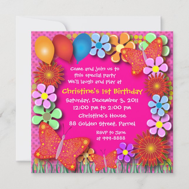 Convite de Aniversário: 003 Borboletas e Flores (Frente)