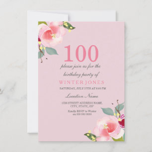 Convite de aniversário 100º Floral Rosa bonito