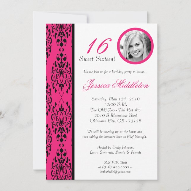 Convite de aniversário 16 de 4x7 para Damask Hot P (Frente)