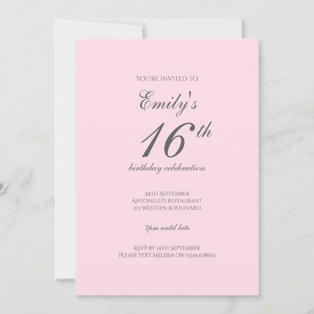 Convite de aniversário 16 minimalista rosa (Frente)