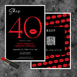 Convite de Aniversário 40 Anos Lábios Vermelhos Mi<br><div class="desc">Moderno e sofisticado, este convite de aniversário declara "ela tem 40 anos" e combina preto e branco clássicos com destaques em vermelho brilhante, com um par de lábios divertidos. Seu design minimalista é simples e divertido para celebrar o aniversário marcante. O verso tem uma área para um código QR para...</div>