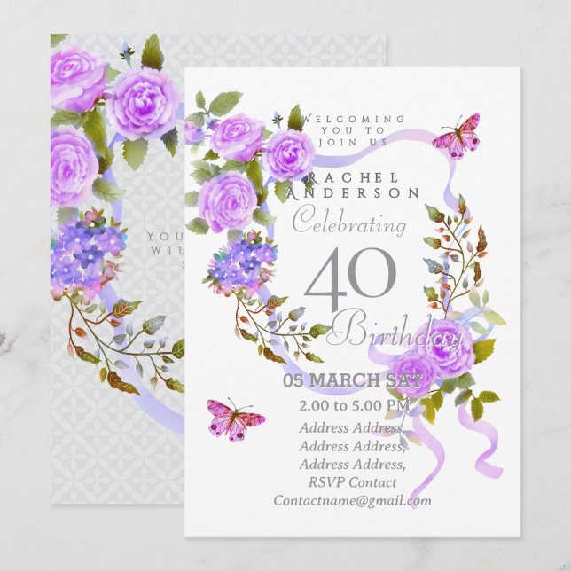 Convite de Aniversário 40 anos Purple Rose Ribbon (Frente/Verso)