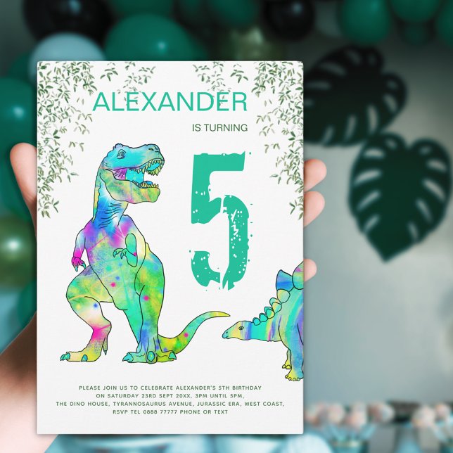 Convite de aniversário 5 da selva de dinossauro (Colorful dinosaur birthday party invitation )