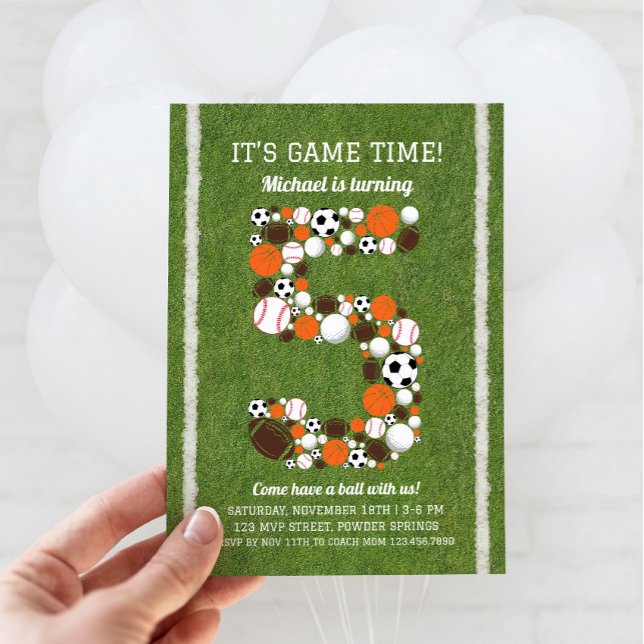 Convite de aniversário 5 desportivo (Sports 5th Birthday Invitation)