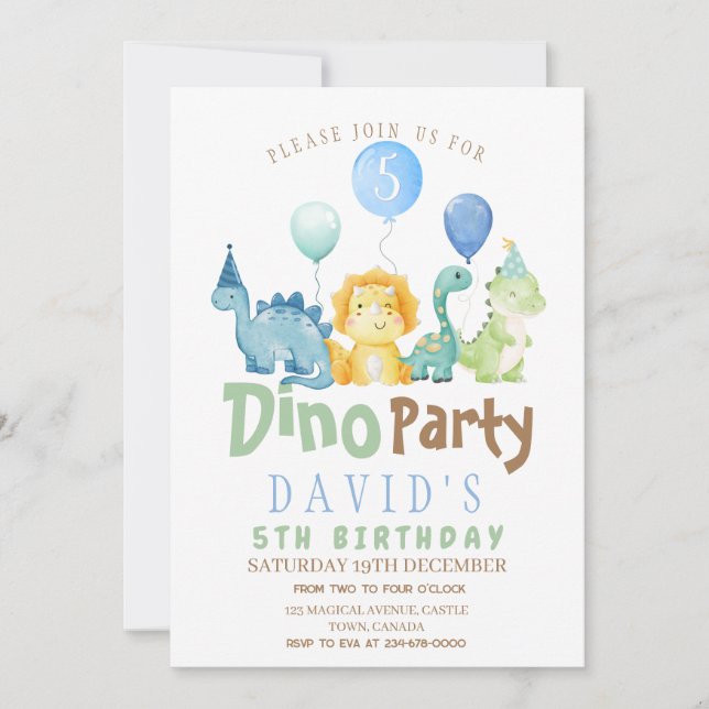 Convite de aniversário 5 Dino para rapazes (Frente)