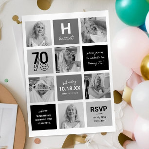 Convite de Aniversário 70 Anos Preto Cinza Moderno