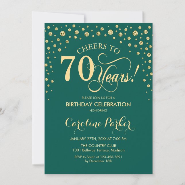 Convite de aniversário 70 - Verde Dourado (Frente)