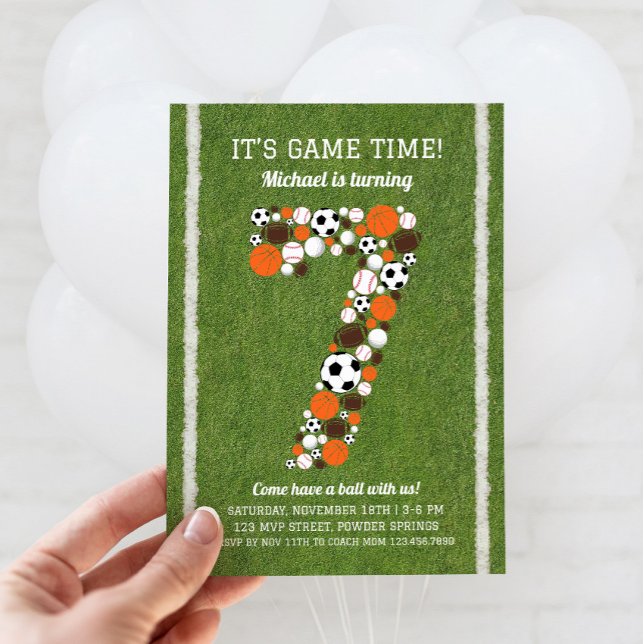 Convite de aniversário 7 desportivo (Sports 7th Birthday Invitation)