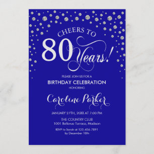Convite de aniversário 80 - Azul Real Prateado