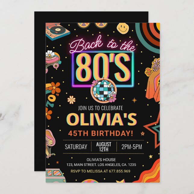 Convite de aniversário 80s editável Voltar aos 80s (Frente/Verso)
