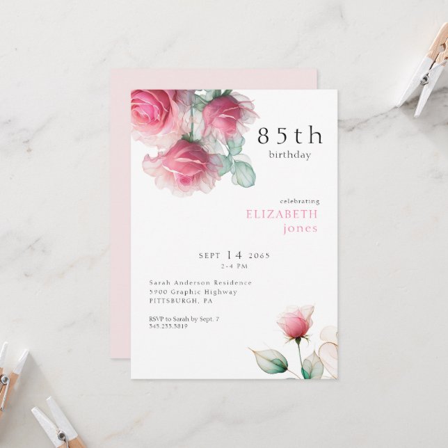 Convite de aniversário 85TH Floral rosa (Frente/Verso In Situ)