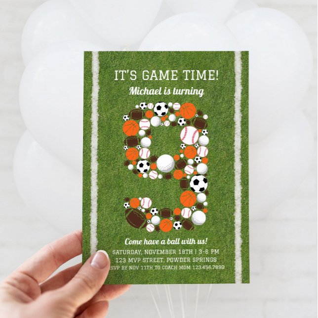 Convite de aniversário 9º Esporte (Sports 9th Birthday Invitation)