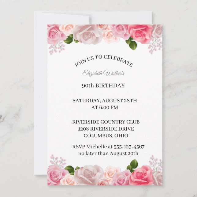 Convite de aniversário 90 das Rosas Rosa Femininas (Frente)