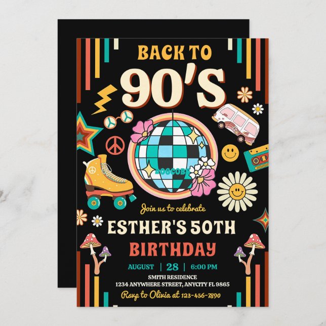 Convite de aniversário 90 editável Voltar aos 90 (Frente/Verso)