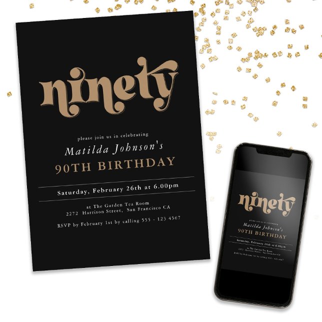 Convite de aniversário 90 preto e Dourado (Chic Black and Gold 90th Birthday Party Invitation)