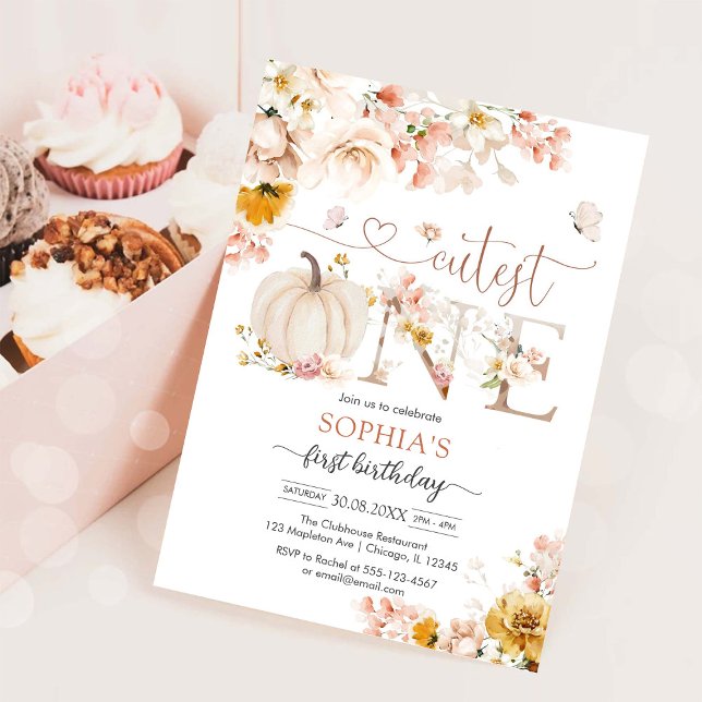 Convite de Aniversário Abóbora Floral Cutest One (Criador carregado)