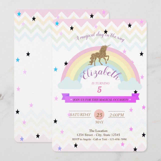 Convite de Aniversário Adorável Unicórnio, Estrela (Frente/Verso)