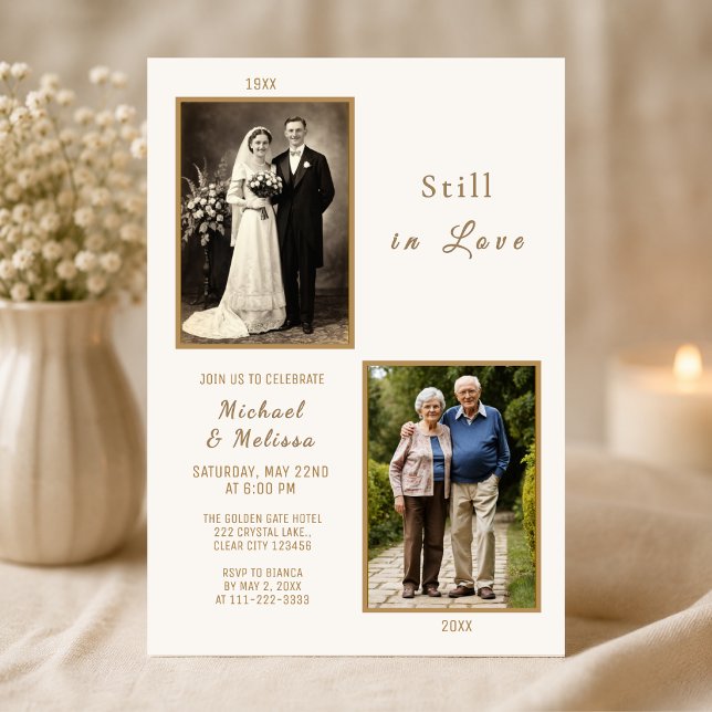 Convite de Aniversário Ainda Apaixonados (Elegant still in love anniversary invitation with timeless ivory and gold romance)