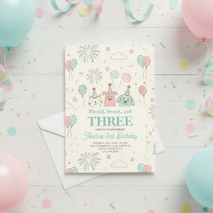 Convite de Aniversário Alegre Doce e Três Crianças