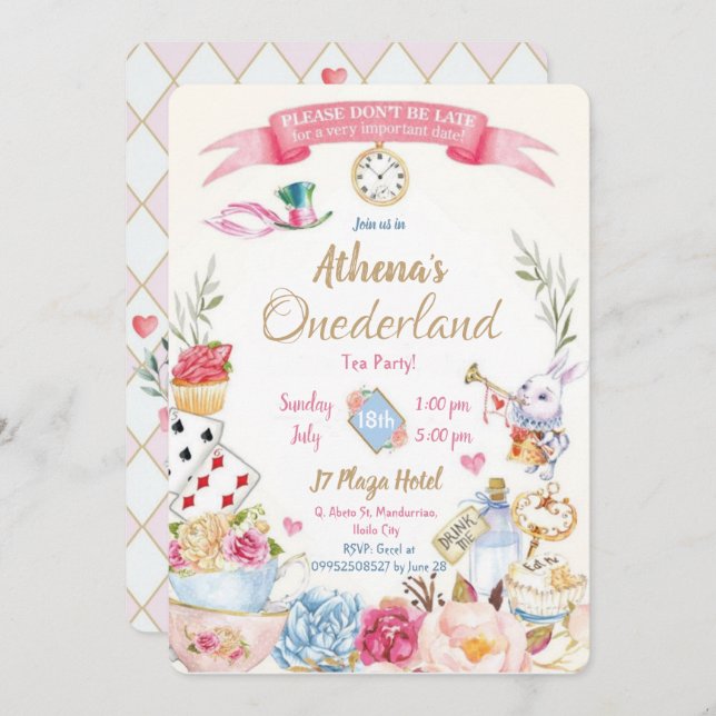 Convite de Aniversário Alice no País das Maravilha (Frente/Verso)