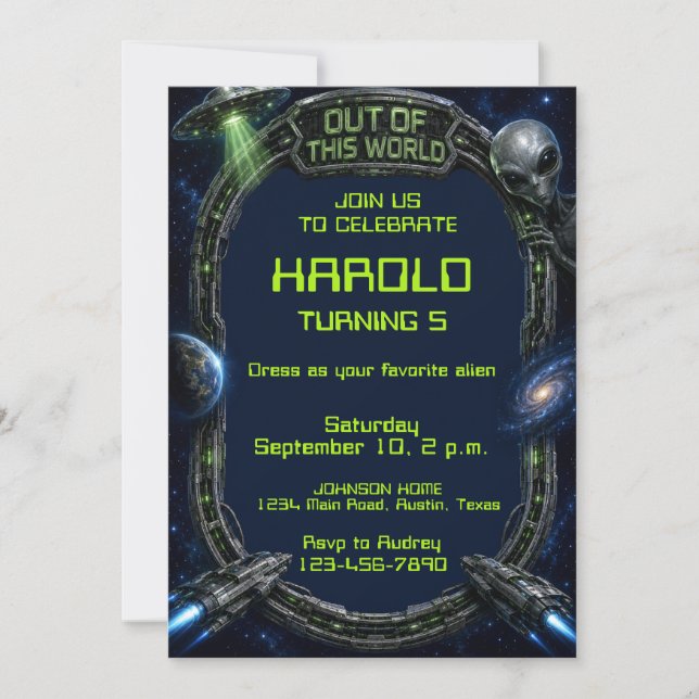 Convite de Aniversário Alien Fora do Mundo Espaço  (Frente)
