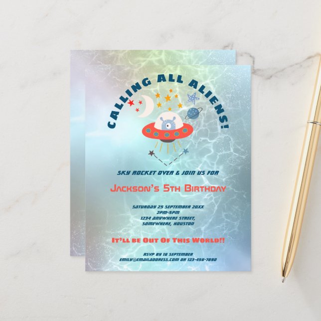 Convite de aniversário Aliens de 5 de de orçamento (Frente/Verso In Situ)