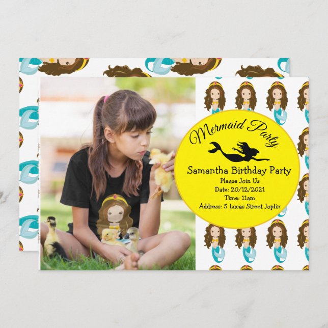 Convite de aniversário Amarelo Mermaid (Frente/Verso)