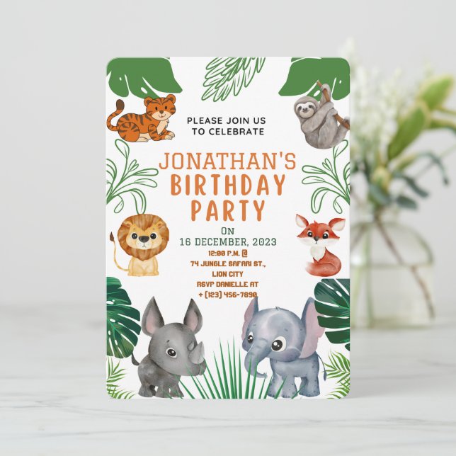 Convite de Aniversário Animais da Selva Fofos (Em pé/Frente)