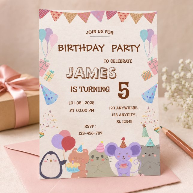 Convite de Aniversário Animais do Bosque Pastel Ad (Criador carregado)