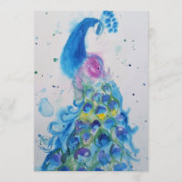 Convite de Aniversário Aquarela Arte Pavão Azul