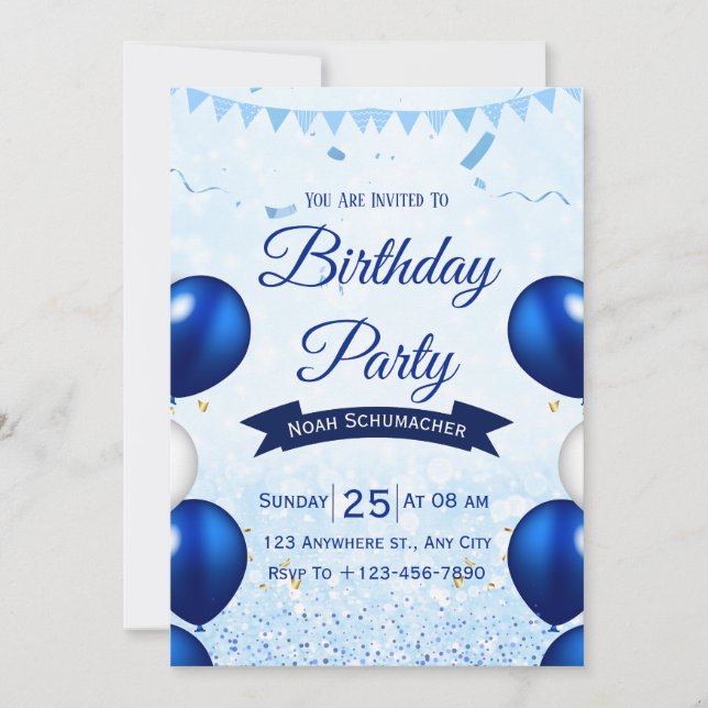 Convite de Aniversário Aquarela Azul (Frente)