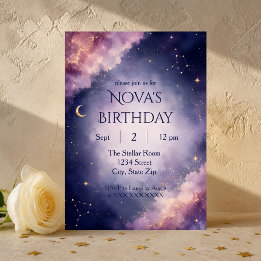 Convite de Aniversário Aquarela Celestial | Roxo