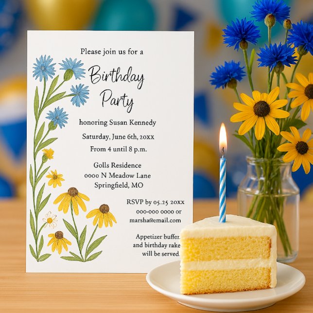 Convite de Aniversário Aquarela Flores Silvestres  (Birthday invitation featuring floral, blue, yellow wildflowers, a summer party theme, watercolor )