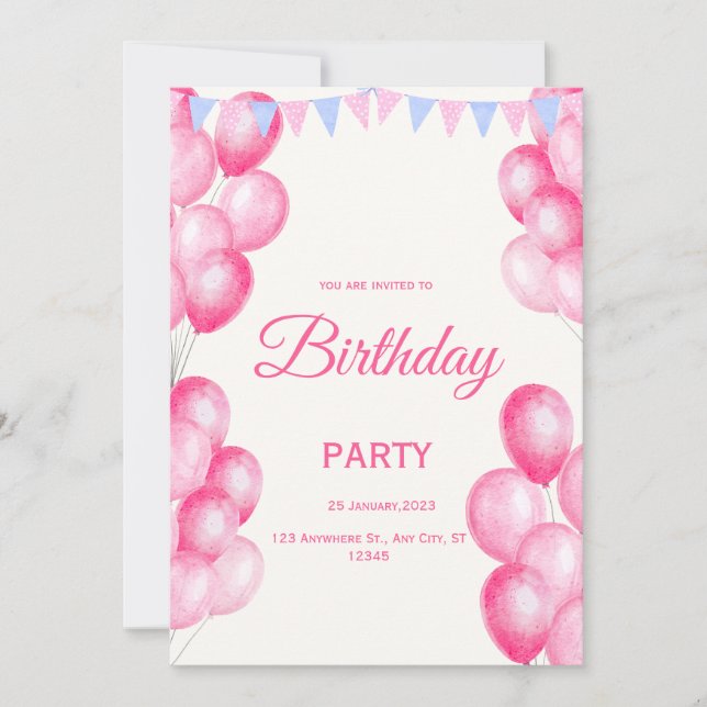Convite de Aniversário Aquarela Rosa (Frente)