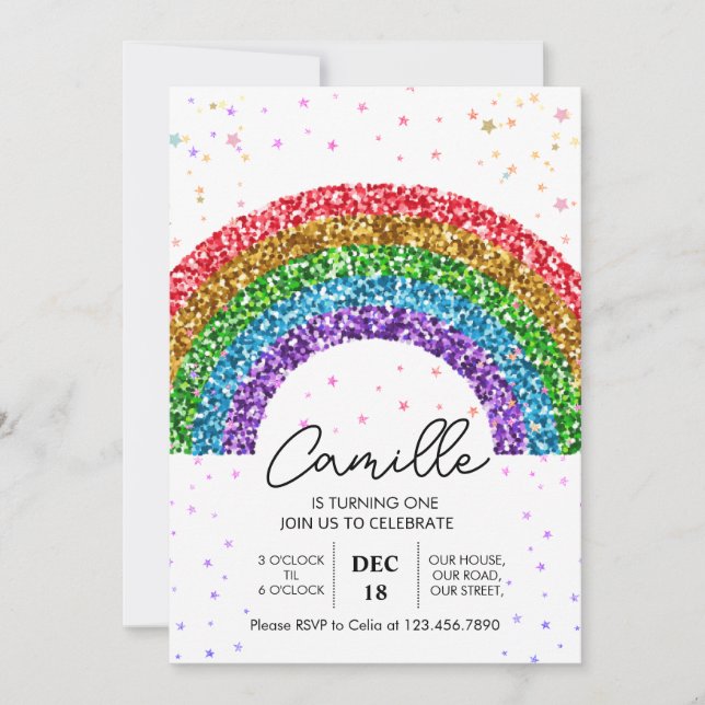 Convite de Aniversário Arco-íris Brilhante estrela (Frente)