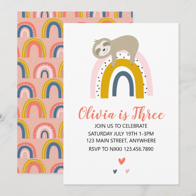 Convite de Aniversário Arco-íris de Preguiça (Frente/Verso)