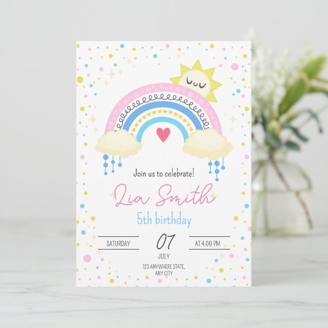Convite de Aniversário Arco-Íris para Meninas Boho (Em pé/Frente)