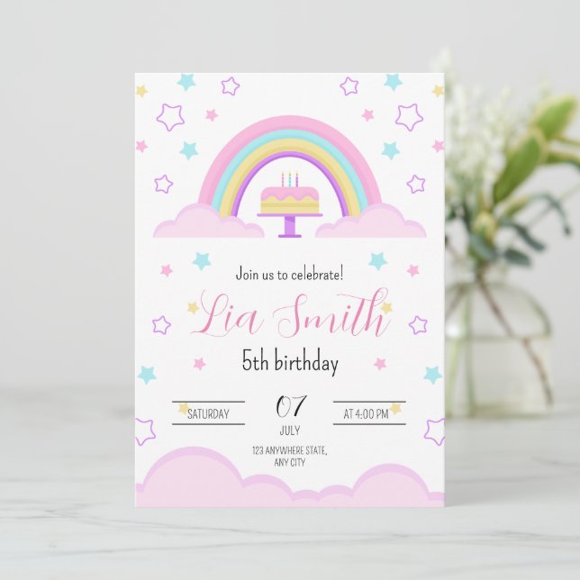 Convite de Aniversário Arco-Íris para Meninas Boho (Em pé/Frente)