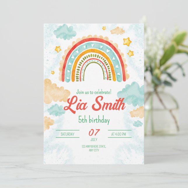 Convite de Aniversário Arco-Íris para Meninas Boho (Em pé/Frente)