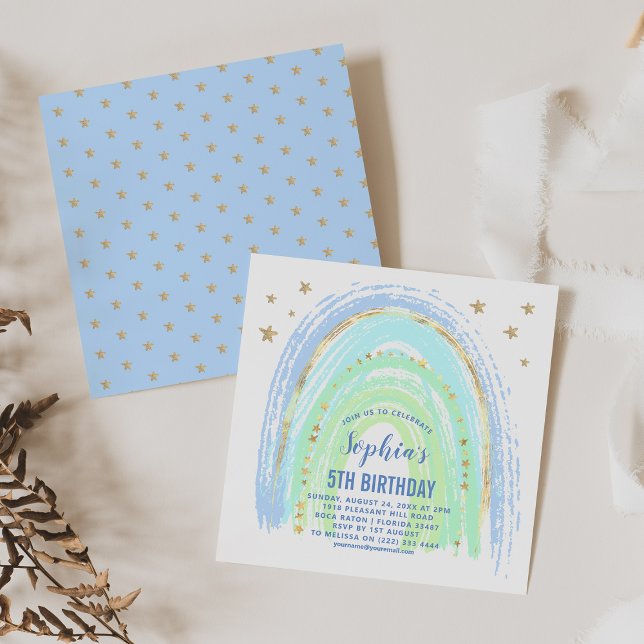 Convite de Aniversário Arco-íris Tons Azuis (Criador carregado)