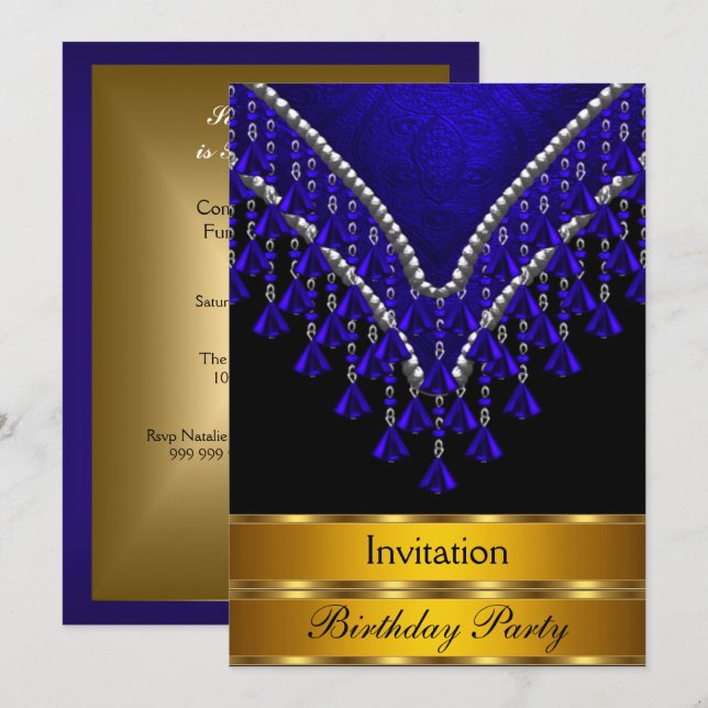 Convite de Aniversário Art Deco Azul Real (Frente/Verso)