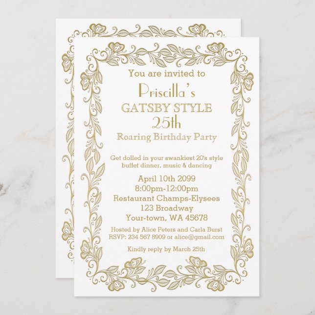 Convite de aniversário Art Deco,Mulher,gol branco (Frente/Verso)