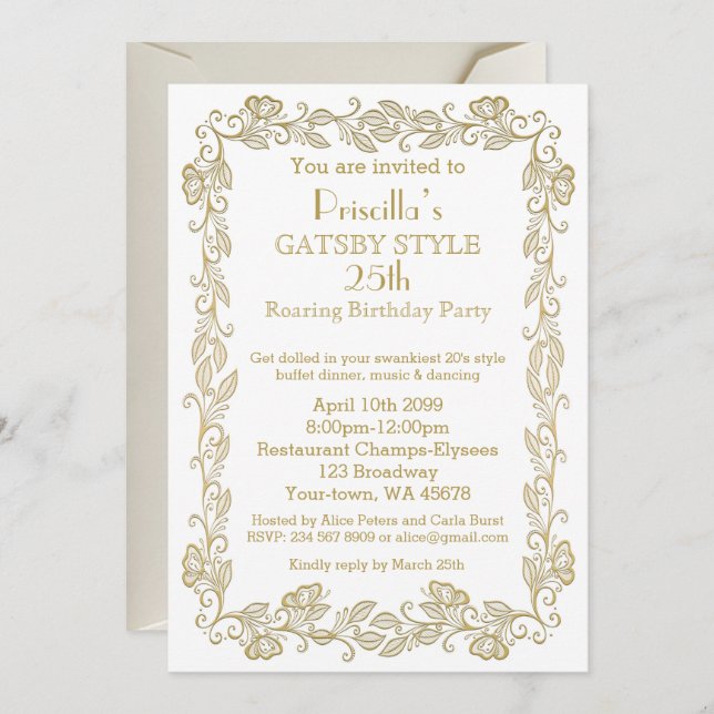 Convite de aniversário Art Deco,Mulher,gol branco (Frente/Verso)