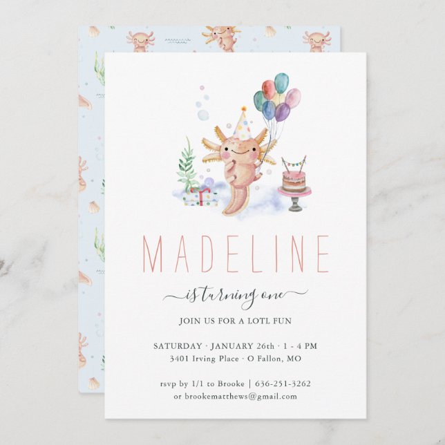 Convite de aniversário Axolotl de Cód. Watercolor (Frente/Verso)