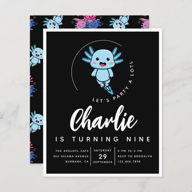 Convite de aniversário Axolotl de orçamento (Frente/Verso)