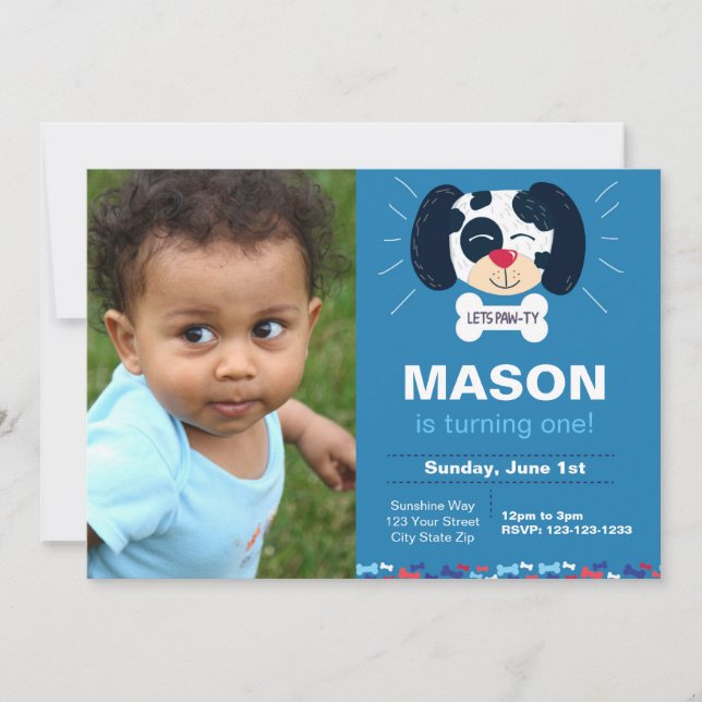 Convite de Aniversário Azul Dalmático com Foto (Frente)