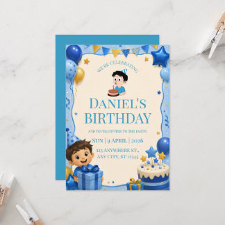 Convite de Aniversário Azul e Dourado para Menino 