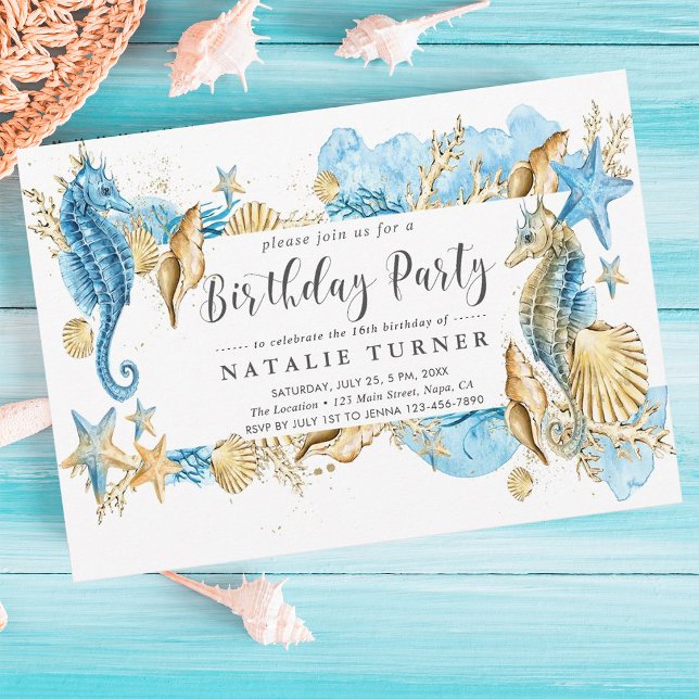 Convite de Aniversário Azul e Dourado Sob o Mar (Criador carregado)